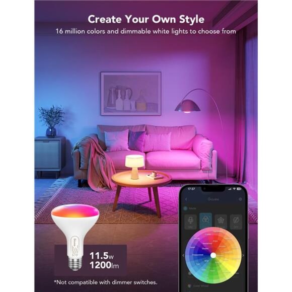 Govee Smart Light Bulbs, 1200 Lumens Dimmable BR30 Bulbs, RGBWW Color Changing - Picture 2 of 7